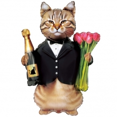 Шар Фигура Кот с тюльпанами и шампанским (в упаковке)